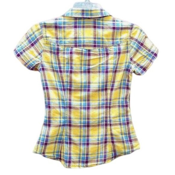 H&M Shirt Button Front Fitted Yellow Plaid Short Sleeves 2 - Picture 2 of 4